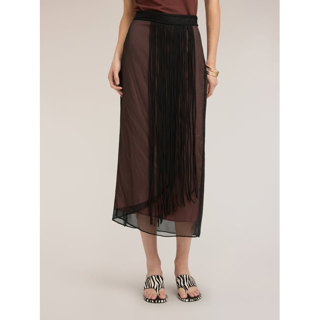 Jupe longue plissée à franges noir <span itemprop=