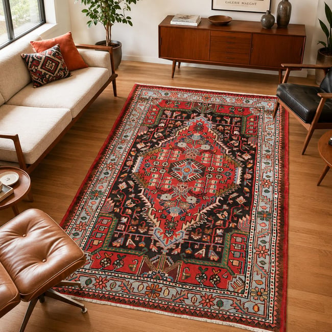 Tapis d'orient oriental, noué main en laine, HAMADAN 20 Couleur rouge, bleu, noir <span itemprop=