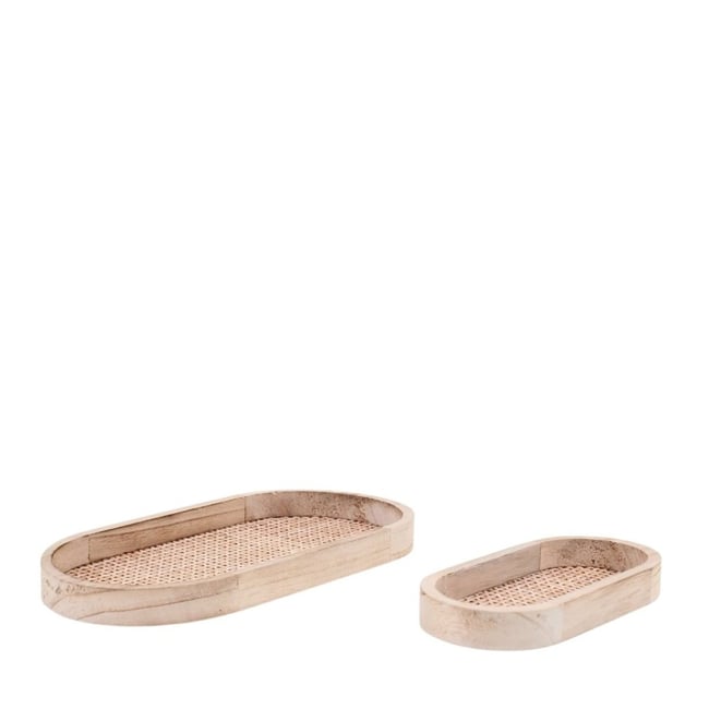 Lot de 2 plateaux ovales en bois et rotin Couleur naturel <span itemprop=