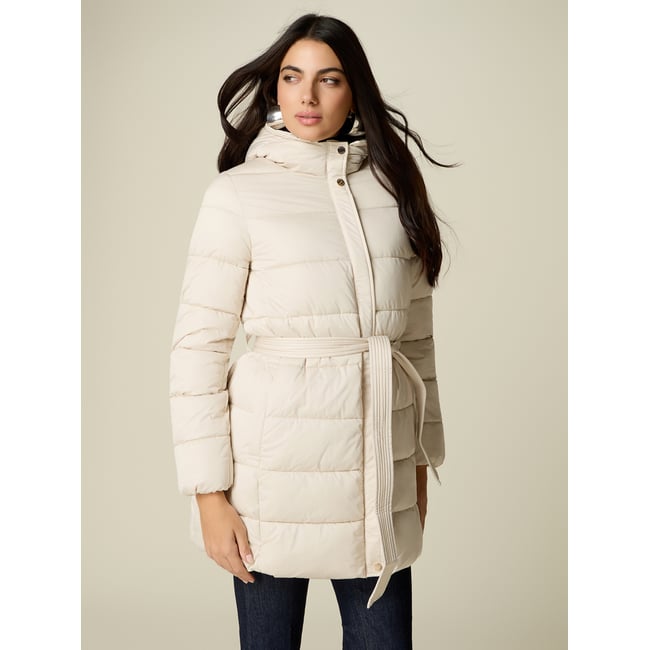 Doudoune mi-longue avec ceinture et capuche blanc <span itemprop=