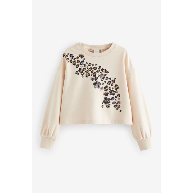 Sweat à manches longues motif léopard sequins écru <span itemprop=