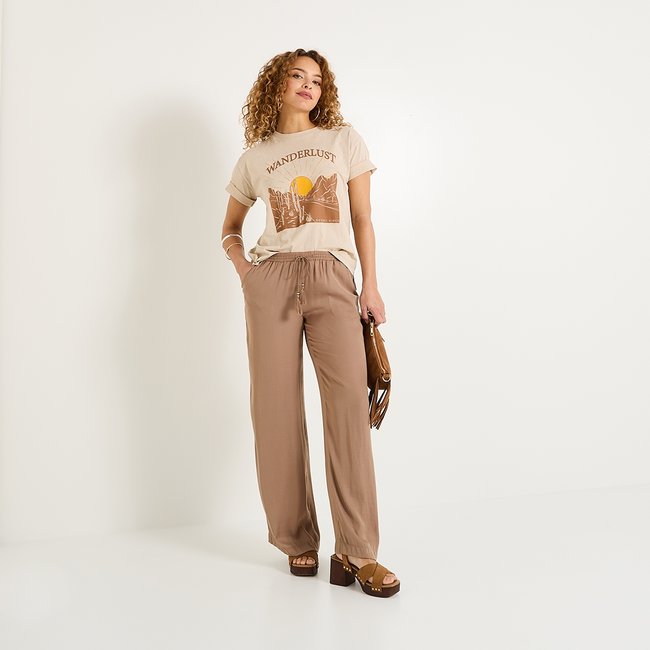 Pantalon large fluide marron camel <span itemprop=