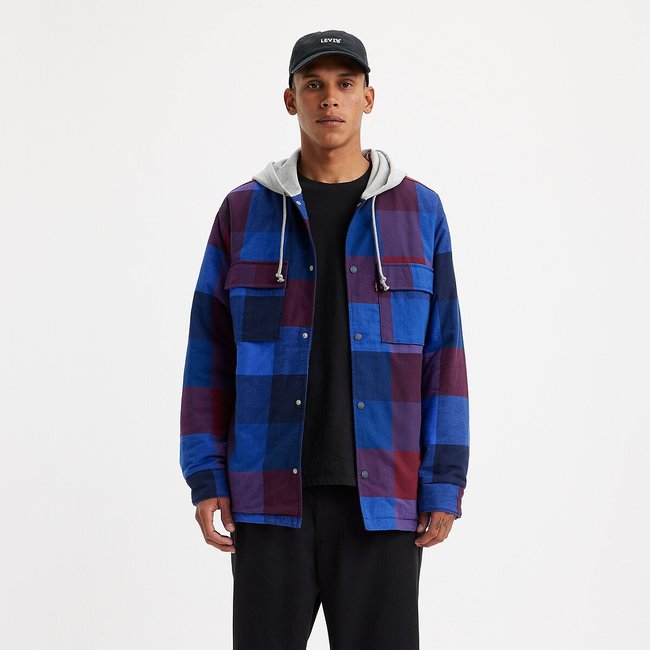 Giubbotto bi-materiale a quadri con cappuccio quadri blu/rosso LEVI'S