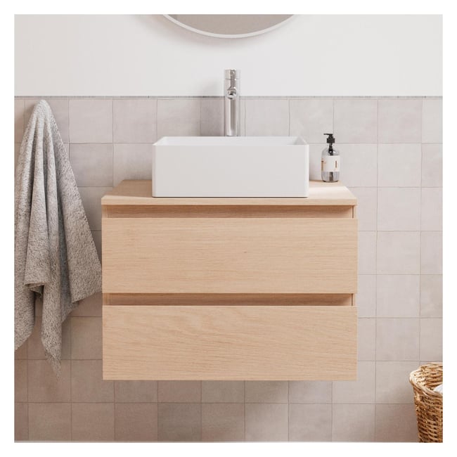 Ensemble Meuble simple vasque 60cm + Vasque + Robinet SORRENTO Couleur chêne <span itemprop=