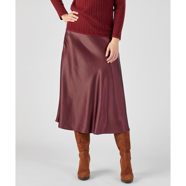 Jupe fluide satinée rouge bordeaux <span itemprop=