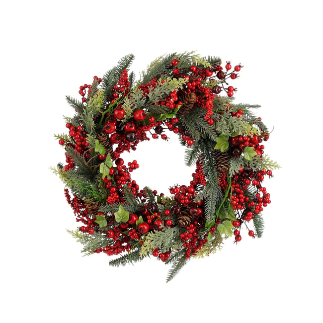 Couronne de Noël avec pommes de pin Ø50 cm NORAH Couleur rouge <span itemprop=