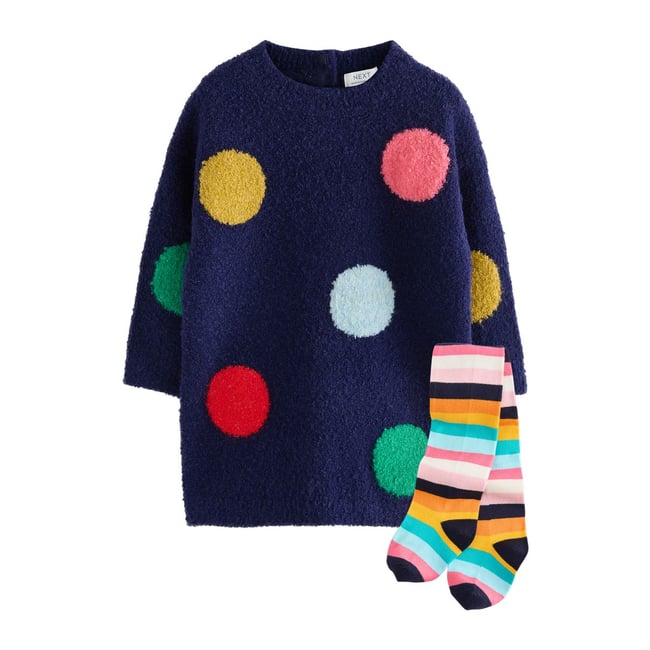 Ensemble robe pull en maille et collants tache arc-en-ciel marine <span itemprop=