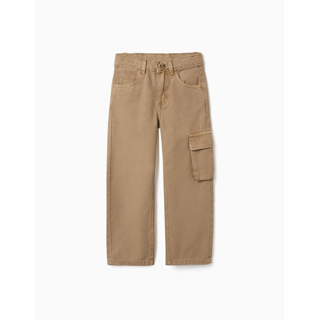 Pantalon en coton à coupe droite avec 5 poches beige <span itemprop=