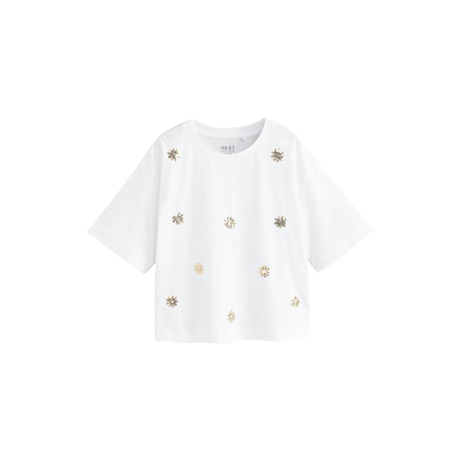 T-shirt droit oversize à sequins fleur blanche <span itemprop=