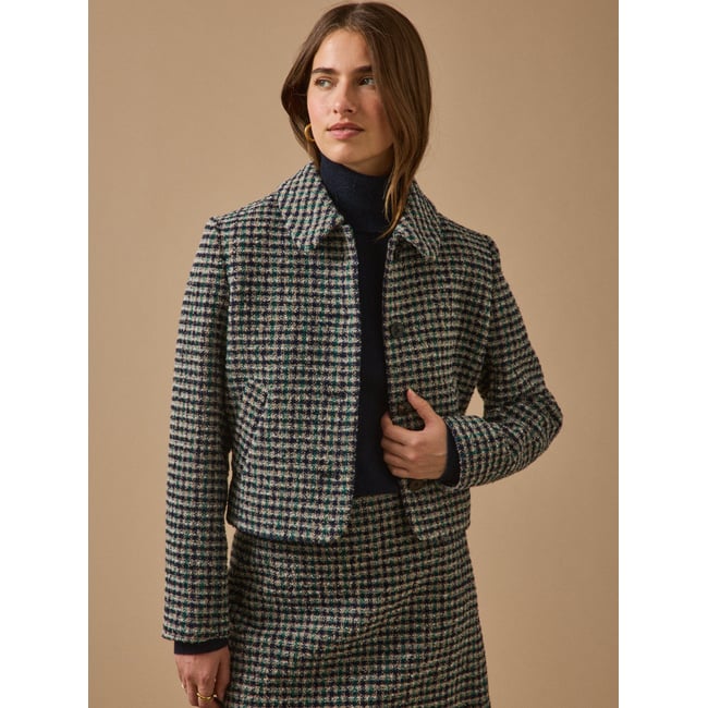 Veste tweed carreaux carreaux marine/vert <span itemprop=