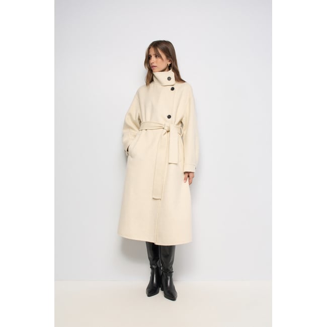MANTEAU LONG EN DRAP AVEC LAINE beige <span itemprop=
