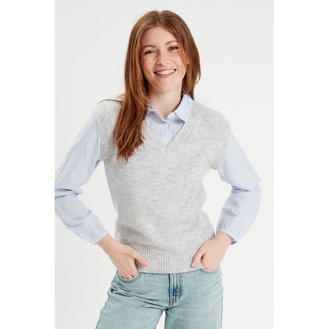 Pull 2-en-1 col en V gris clair <span itemprop=