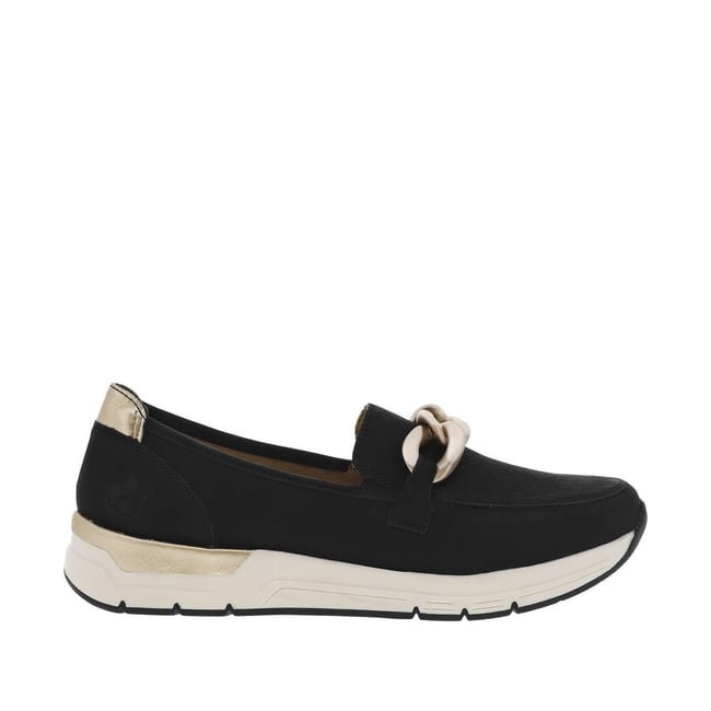 Mocassins noirs à talon plat avec empiècements dorés et chaîne bronze - RIEKER