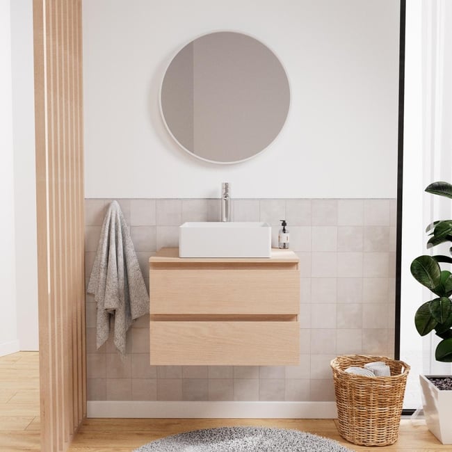 Ensemble meuble simple vasque 60cm + vasque + robinet + miroir SORRENTO Couleur chêne <span itemprop=