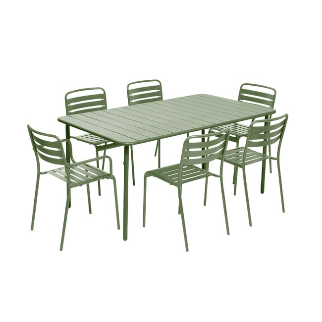 Table de jardin métal + 6 assises AMÉLIA vert <span itemprop=