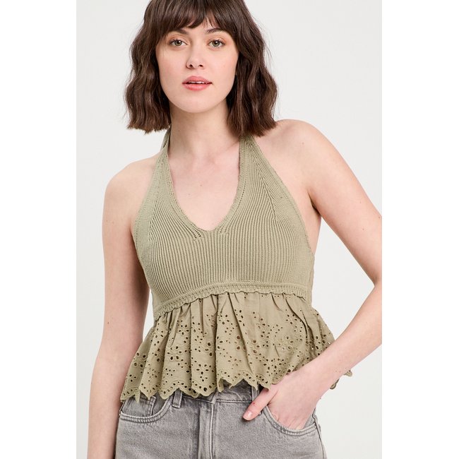 Crop top tricot avec broderie vert kaki <span itemprop=