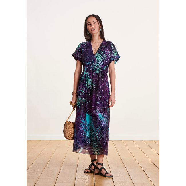 Robe longue en voile coton/soie à imprimé prune <span itemprop=