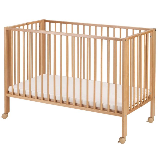 Lit pour enfant à barreaux pliable 60x120 cm avec matelas, Bois naturel - TISSI