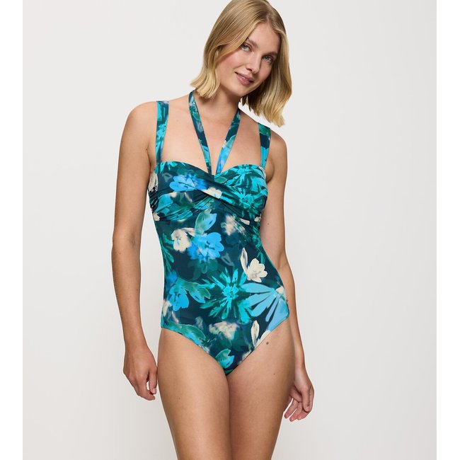 Summer Fleur Bandeau Swimsuit, floral print/blue background, TRIUMPH