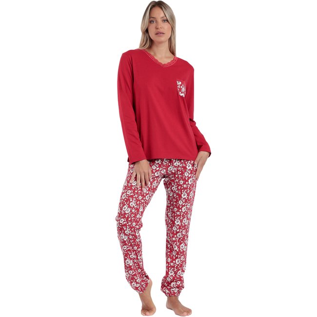 Pyjama pantalon haut manches longues Romantic Winter rouge <span itemprop=