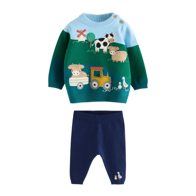 Ensemble bébé pull en maille et legging ferme hamish verte/bleue <span itemprop=