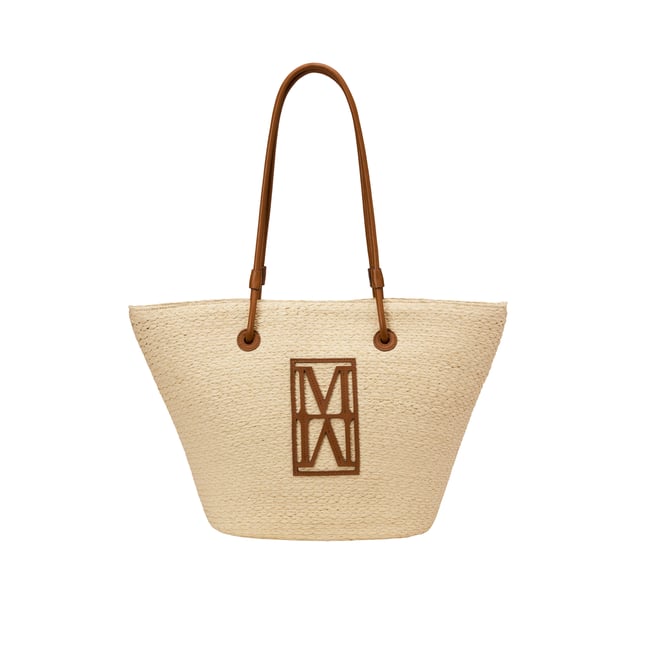 Shopper en raphia large avec détails élégants en cuir véritable cognac <span itemprop=