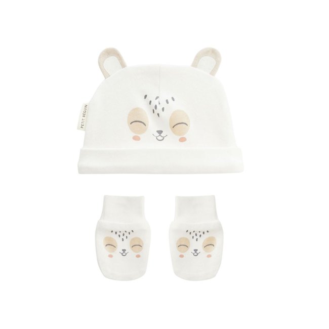 Bonnet bébé et moufles anti-griffures Baby Panda ecru <span itemprop=