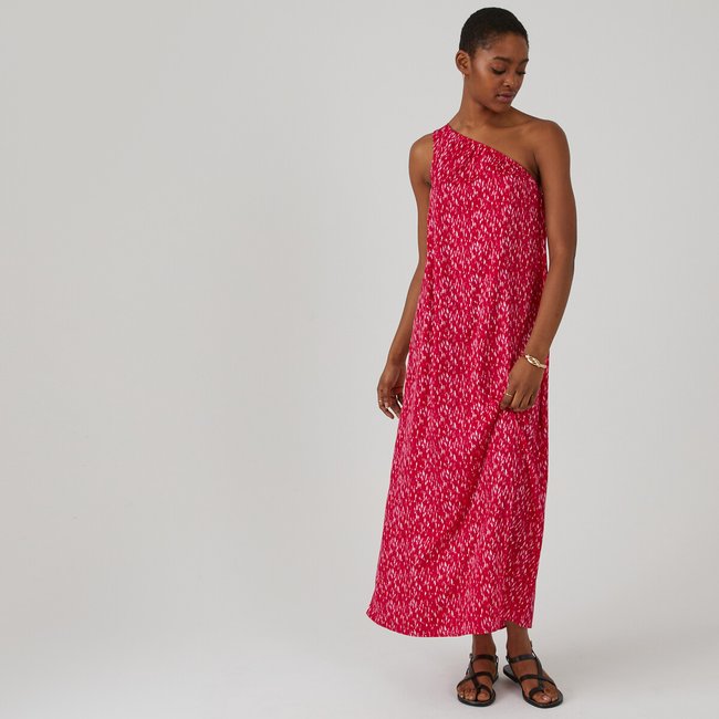 Vestido maxi largo asimétrico, 1 tirante estampado rosa <span itemprop=