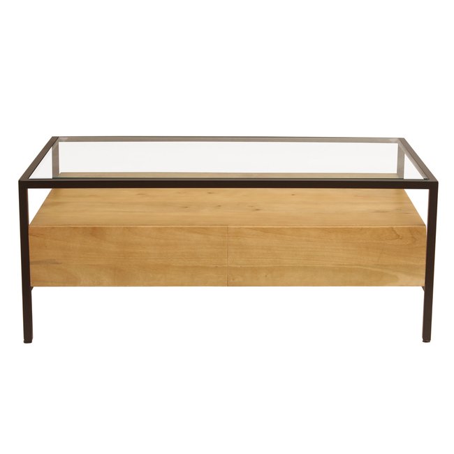 Table basse rectangulaire avec rangements en bois foncé manguier massif, verre et métal noir L100 cm SITA - MILIBOO