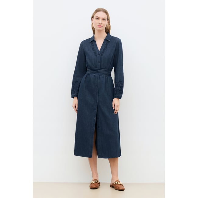 Robe longue col chemise ROLANE denim stone <span itemprop=