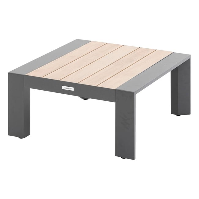 Table basse de jardin carrée en aluminium à lattes ÉVASION Couleur honey et graphite <span itemprop=