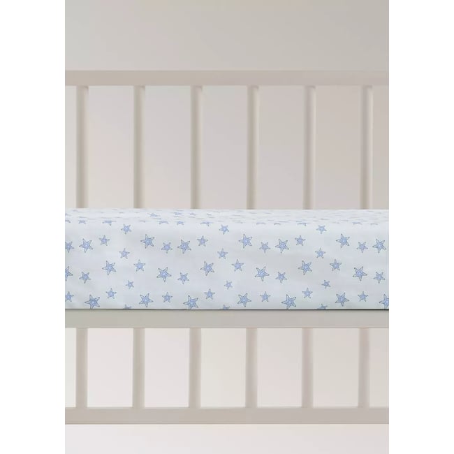 Drap-housse mini berceau percale de coton étoiles bleu <span itemprop=