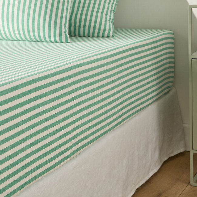 Drap-housse coton bonnet 30 cm, Soizic vert rayé vert <span itemprop=