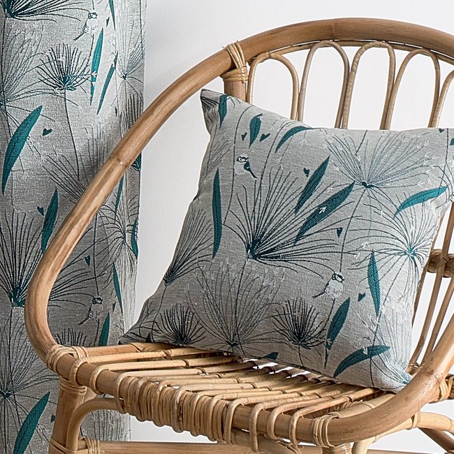 Housse de coussin imprimée papyrus bleu paon <span itemprop=