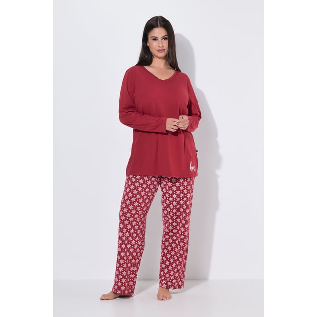 Pyjama décolleté en V et manches longues rouge foncé <span itemprop=
