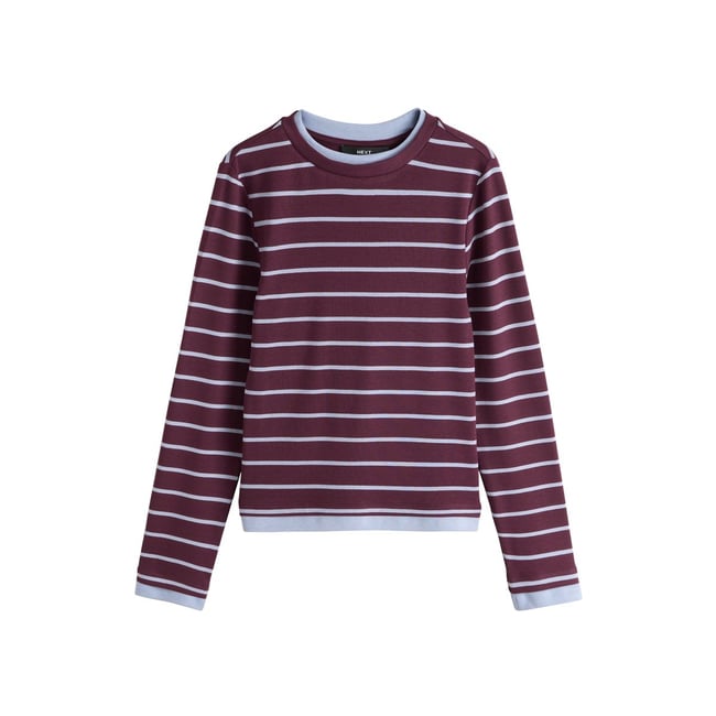 Haut doux à manches longues effet superposé rayures bleu/framboise <span itemprop=