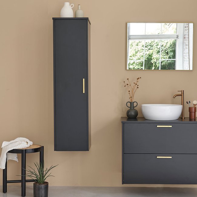 Colonne de salle de bain en acacia massif suspendue  LUNA Couleur noir <span itemprop=