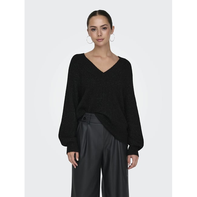 Pull col V en maille ajourée, manches longues  noir <span itemprop=