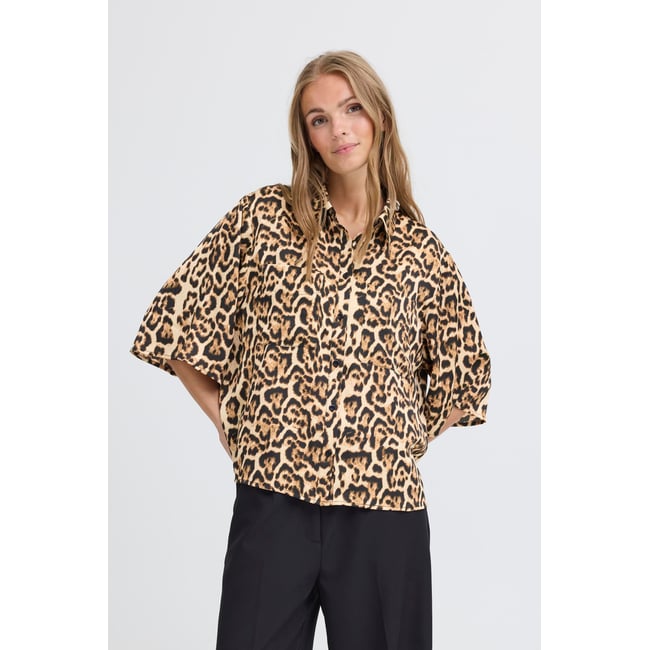 Shirt with short sleeve marron brown leopard aop <span itemprop=