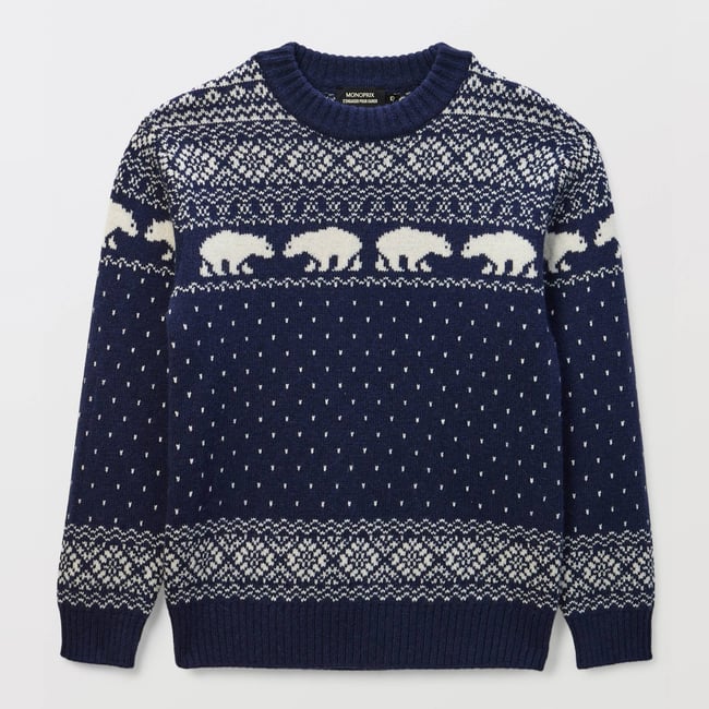 Pull col rond jacquard contenant de la laine ombre bleue <span itemprop=