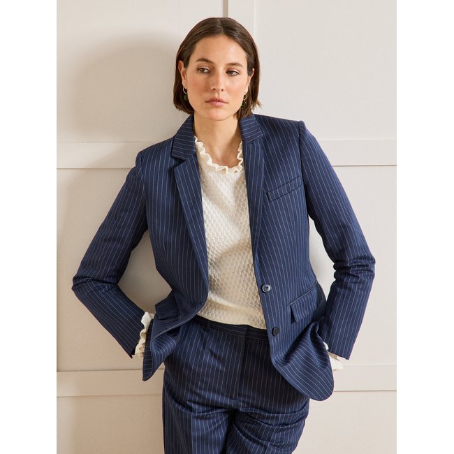 Veste tailleur rayée lin et coton rayure tennis <span itemprop=