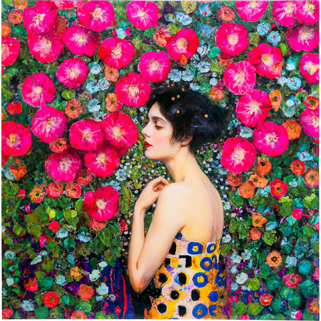 Tableau en verre femme et mur de fleurs Couleur multicolore <span itemprop=