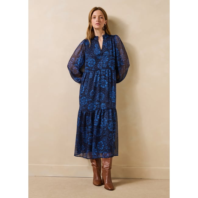 Robe longue à imprimé fleuri manches longues bleu <span itemprop=