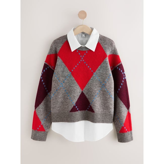 Pull en maille avec col de chemise et laine gris multi argyle <span itemprop=