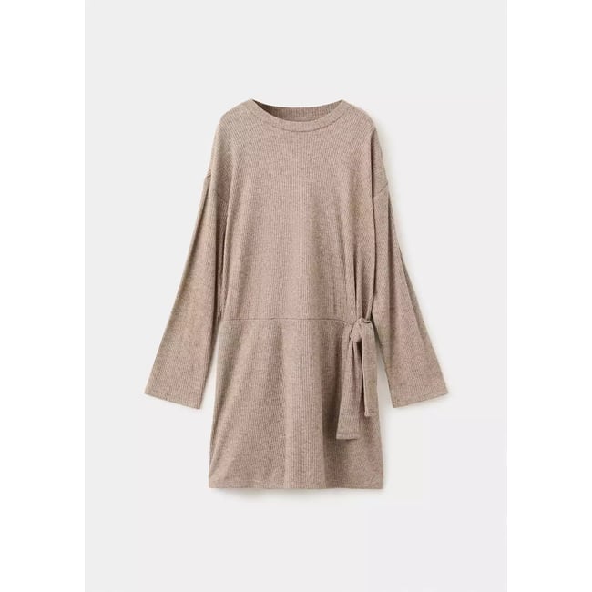 Robe côtelée à nœud gris vison <span itemprop=