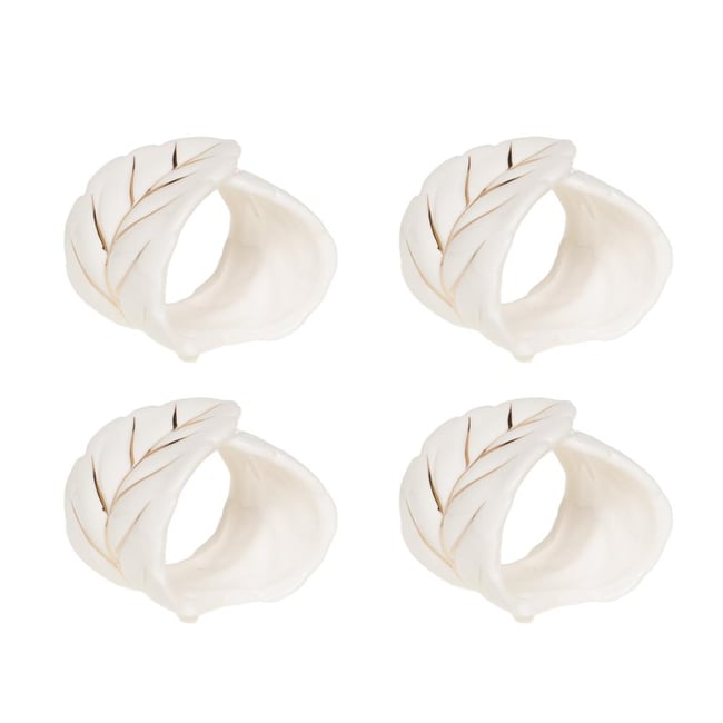 Coffret de 4 ronds de serviettes feuille blanche en céramique Couleur crème / ivoire <span itemprop=