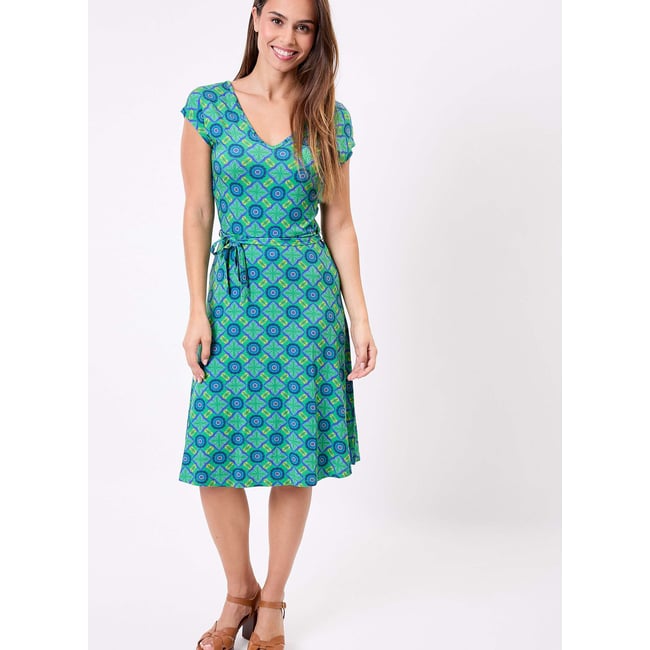 Robe imprimée maille évasée fluide ADELE vert nairobi <span itemprop=