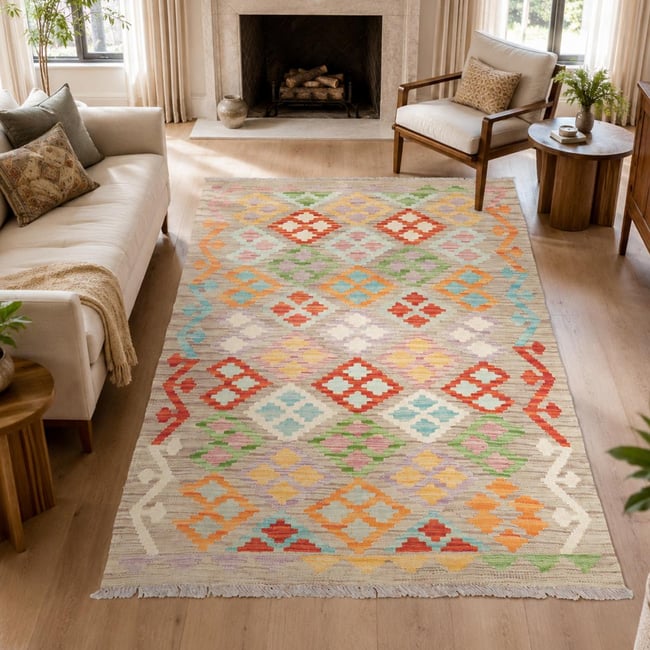 Tapis kilim géométrique, tissé plat en laine, KILIM 22 Couleur multicolore, orange, vert <span itemprop=