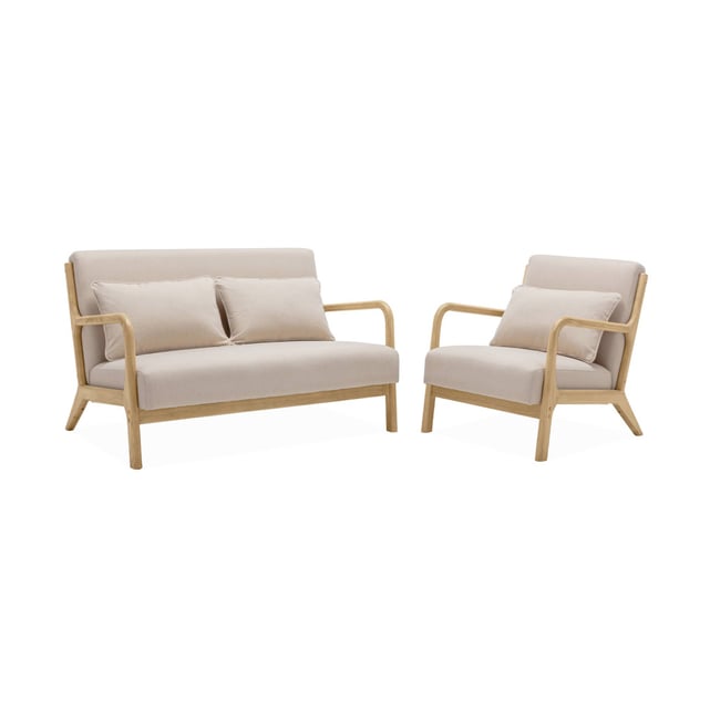 Banquette scandinave 2 places + Fauteuil bois et tissu LORENS Couleur beige <span itemprop=
