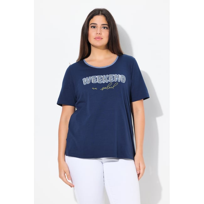 T-shirt avec message en denim frangé. bleu encre <span itemprop=